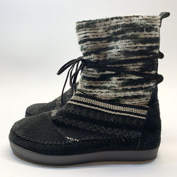 Toms Nepal Boots Womens 8.5 Black & White Suede/Fleece Lined Mid Calf Aztec - Picture 2 of 9